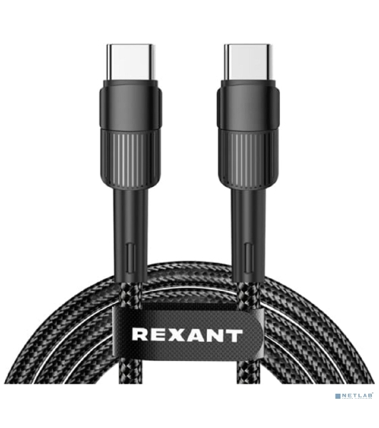 Кабель Rexant Type-C – Type-C, 5A, 100Вт, 2м, в черной нейлоновой оплетке