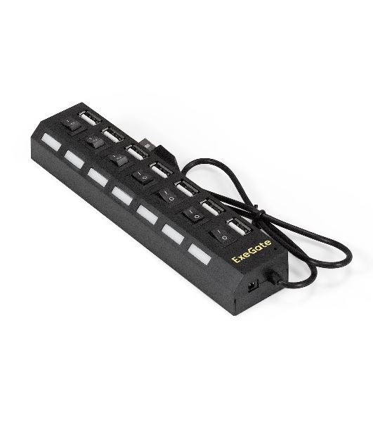 USB-концентратор ExeGate EX293978RUS DUB-72SW (кабель-адаптер USB2.0 --> 7xUSB2.0, кнопки включения/отключения для каждого порта, Plug&Play, черный)