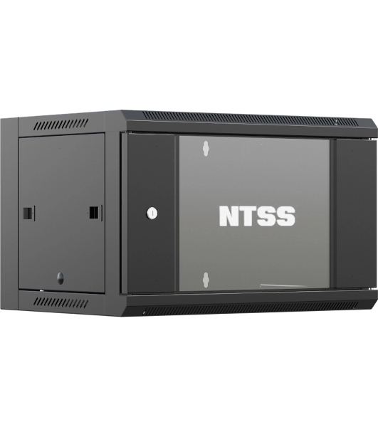 Шкаф коммутационный NTSS NTSS-W6U6045GS-BL настенный 6U 570x450 мм пер. дв. стекл 60 кг черный 350 мм 18 кг 220 град. 370 мм IP20 сталь