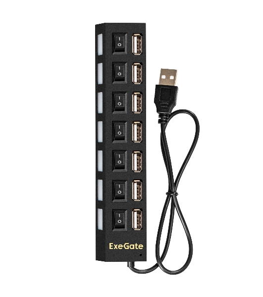 USB-концентратор ExeGate EX293978RUS DUB-72SW (кабель-адаптер USB2.0 --> 7xUSB2.0, кнопки включения/отключения для каждого порта, Plug&Play, черный)