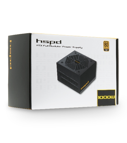 Блок питания HSPD, 1000W 80 PLUS Gold (ATX, 2.52, Full modular, 1x24(20+4)pin mesh 550мм, 1xCPU*2 8(4+4)pin 650+150мм, 2xPCIe*2 8(6+2)pin 500+150мм, 2xSATA*3 450+150+150мм, 1xMOLEX4pin*3 450+150+150мм, Active, 120x120мм, 150x140x86мм, APFC, OVP, UVP, SCP, OCP, OTP, OPP, NLO, SIP, black)