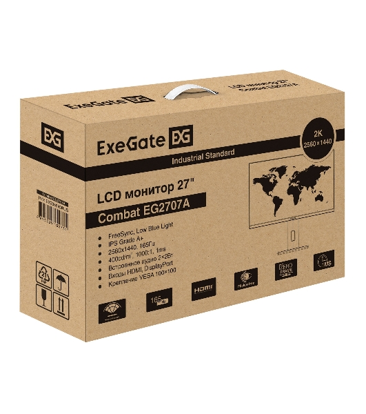 Монитор 27' ExeGate Combat EG2707A IPS 2560x1440, 165 Гц, 1 мс, 16:9, 400 кд/м2, 2xHDMI, 1xDP, аудиовход, черный