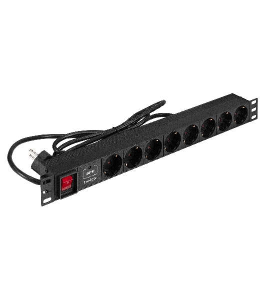 Блок розеток с сетевым фильтром (Surge Protect) и выключателем с подсветкой ExeGate ServerPro PDU-19H805 Al-8S-EU3CU-SW-SPD1 (19', 1U, Алюминий, 8 Schuko, кабель с евровилкой VDE-250V-16A-3*1.5мм2, медь, 3 метра, выкл. с подсветкой, SPD1, черный, RTL)