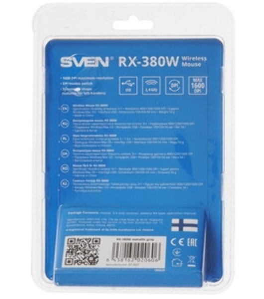 Мышь беспроводная SVEN RX-380W серый металлик, 1600 dpi, радиоканал, USB, кнопки - 4