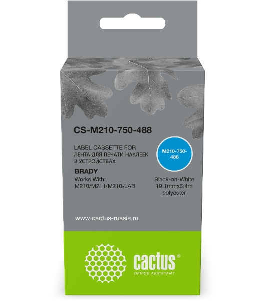Картридж ленточный Cactus CS-M210-750-488 черный шрифт, белый фон, 19.1мм, 6.4м для Brady M210/M211/M210-LAB