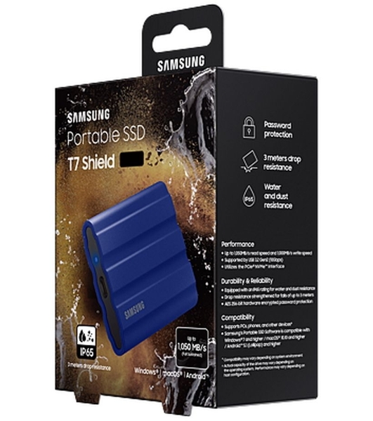 Внешний SSD Samsung T7 Shield, 1TB, USB 3.2 Gen 2 Type-C, R/W 1050/1000, синий