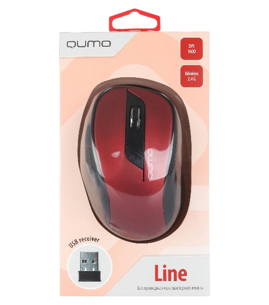 Мышь беспроводная Qumo Office Line M62 красный, 1600 dpi, радиоканал, USB, кнопки - 6