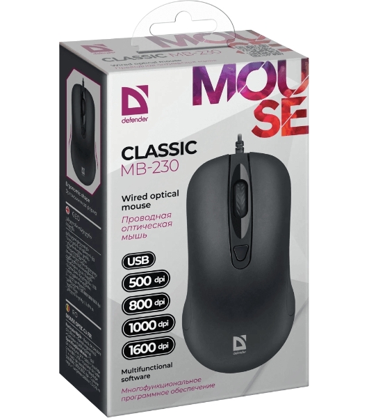 Мышь проводная Defender Optimum MB-160 черный, 1000 dpi, USB, кнопки - 3
