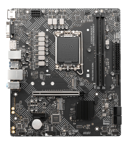 Материнская плата MSI PRO H610M-G DDR4, LGA 1700, Intel H610, 2xDDR4, 4xSATA, 1xM.2, 1xPCIe 4.0 x16, 1xPCIe 3.0 x1, 1xHDMI, 1xDP, 1xVGA, 1xRJ45 1Gb, 2xUSB-A 3.2 Gen 1, 4xUSB-A 2.0, 3x3.5мм, 7.1, mATX