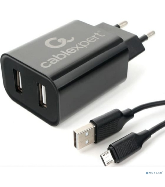 Сетевое зарядное устройство Cablexpert MP3A-PC-35 USB 2 порта, 2.4A, черный + кабель 1м micro