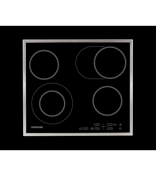 Встраиваемая электрическая панель Samsung NZ64T3516CK/WT, 575x505x55 мм, стеклокерамика, 4 конфорки, рамка - нержавеющая сталь,сенсорное управление, светодиодный LED-дисплей, защита от детей, черный