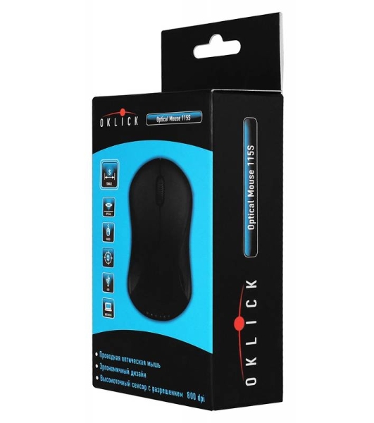 Мышь проводная Oklick 115S черный, 1200 dpi, USB, кнопки - 3