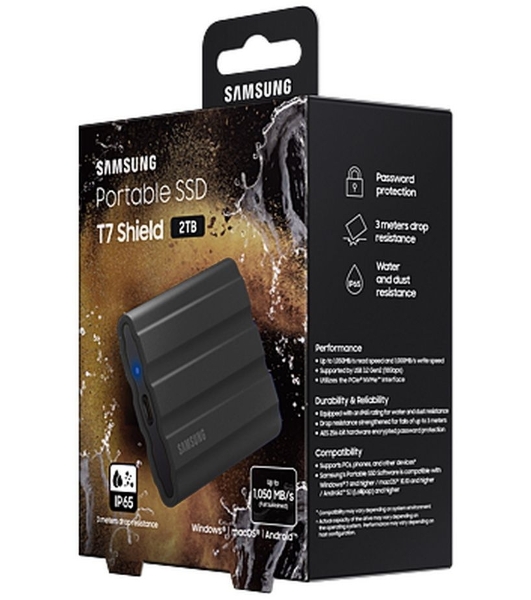 Внешний SSD Samsung T7 Shield, 2TB, USB 3.2 Gen 2 Type-C, R/W 1050/1000, черный