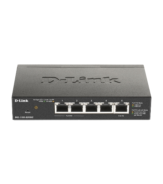 Коммутатор D-Link DGS-1100-05PDV2/A1A, 4×1 Гбит/с + 1×1 Гбит/с PD, настраиваемый