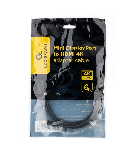 Кабель Cablexpert mDP-HDMI, 20M/19M, 1.8м, черный, позол.разъемы, пакет (CC-mDP-HDMI-6)