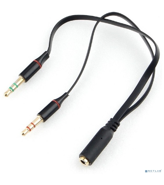 Кабель аудио Cablexpert CCAB-02-35F2M-0.2MB. 3.5 Jack 4pin(F)/2х 3.5 Jack(M) наушники и микрофон, черный, 0.2м, блистер