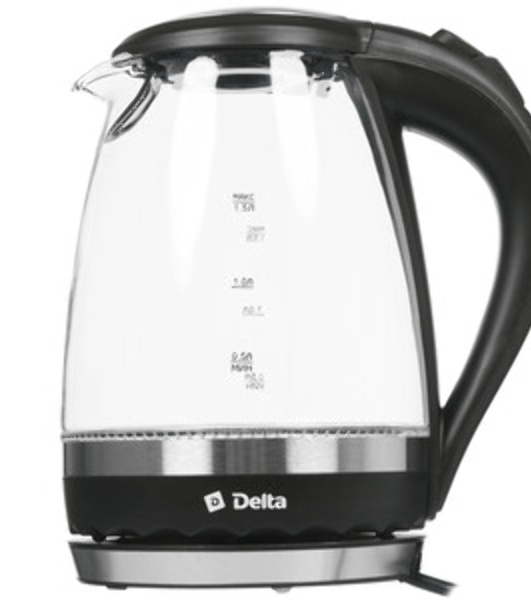 Чайник электрический Delta DL-1202 корпус из жаропрочного стекла, черный, 2200Вт, 1,5л