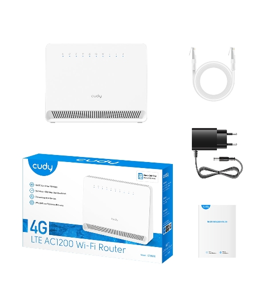 Маршрутизатор CUDY AC1200 Wi-Fi 4G LTE Cat.4 Router, AC1200 Wi-Fi, build-in 4G LTE modem, 4 10/100M RJ45 Ports, Nano SIM Slot, 300Mbps at 2.4GHz + 867Mbps at 5GHz, Internal antennas, PPTP/L2TP/OpenVPN/WireGuard VPN, DNS over Cloudflare/Google/Quad9, DDNS, SMS, Band locking, TR069/TR098/TR111/TR181, Cudy Mesh Support, LTE-FDD: B1/3/5/7/8/20/28; LTE-TDD: B38/40/41;WCDMA: B1/5/8/8