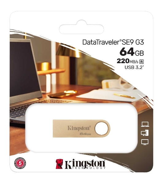 Флешка USB Kingston DataTraveler SE9 G3 (DTSE9G3/64Gb), 64Gb, USB 3.2 Gen 1, R/W 220/100, золотистый