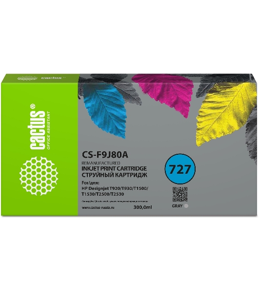 Картридж струйный Cactus CS-F9J80A 727 серый (300 мл) для HP Designjet T920/T930/T1500/T1530/T2500/T2530