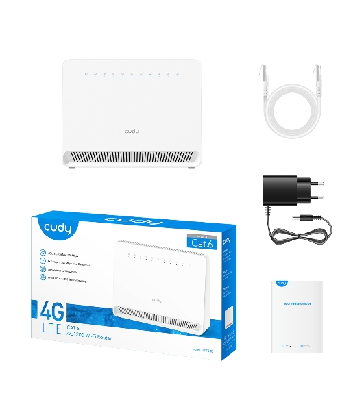Маршрутизатор AC1200 Wi-Fi 4G LTE Cat 6 Gigabit Router, 4 10/100/1000M RJ45 Ports, Nano SIM Slot, Quectel module inside,build-in 4G LTE modem, 300Mbps at 2.4GHz + 867Mbps at 5GHz, Internal Antennas, PPTP/L2TP/OpenVPN/WireGuard VPN, DNS over Cloudflare/Google/Quad9, DDNS, SMS, Band locking, TR069, TR111, Cudy Mesh Support