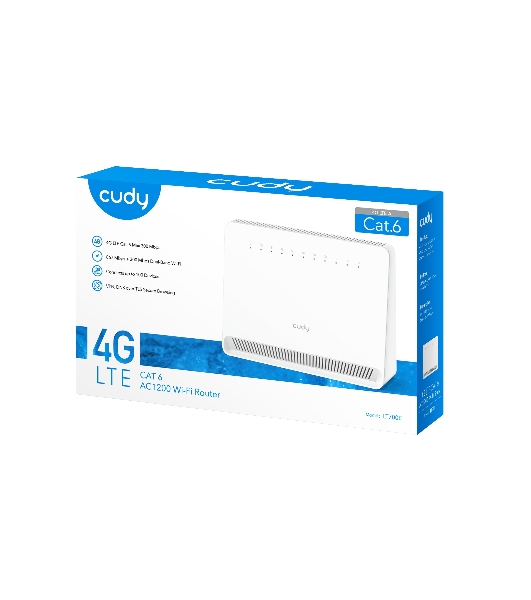 Маршрутизатор AC1200 Wi-Fi 4G LTE Cat 6 Gigabit Router, 4 10/100/1000M RJ45 Ports, Nano SIM Slot, Quectel module inside,build-in 4G LTE modem, 300Mbps at 2.4GHz + 867Mbps at 5GHz, Internal Antennas, PPTP/L2TP/OpenVPN/WireGuard VPN, DNS over Cloudflare/Google/Quad9, DDNS, SMS, Band locking, TR069, TR111, Cudy Mesh Support