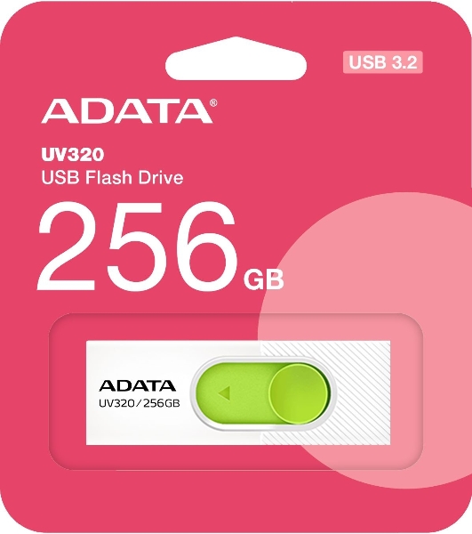 Флешка USB ADATA UV320 (AUV320-256G-RWHGN), 256Gb, USB 3.2 Gen1, R/W 100/30, белый/зеленый