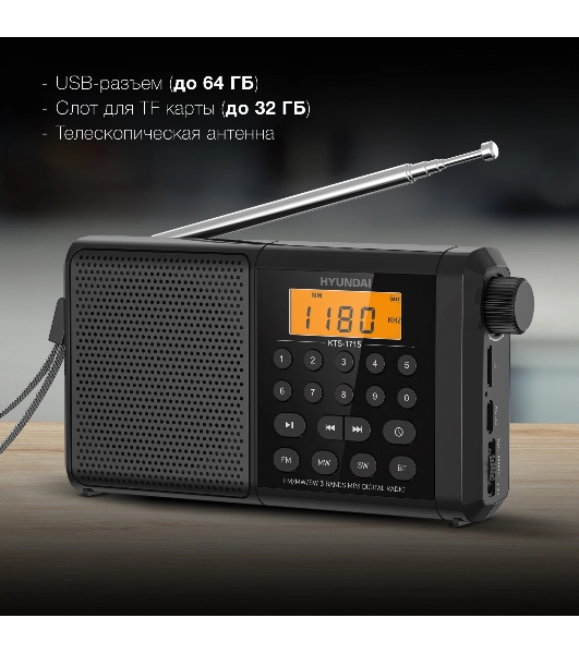 Радиоприемник портативный Hyundai H-PSR115, USB, microSD, черный