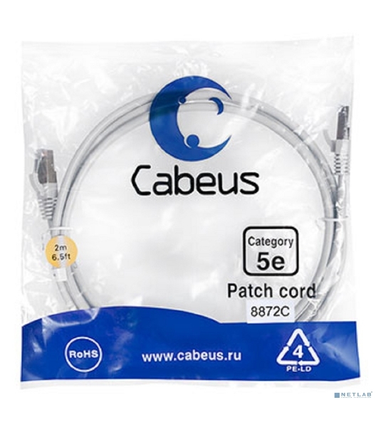 Шнур коммутационный Cabeus, Cat.5e, экр., F/UTP, RJ45/RJ45, LSZH, AWG24, 2м, серый