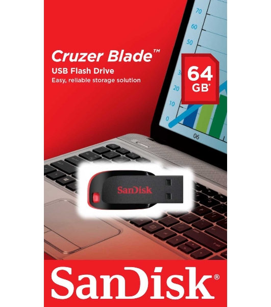 Флешка USB Sandisk CZ50 Cruzer Blade (SDCZ50-064G-B35), 64Gb, USB 2.0, R/W 15/4, черный/красный