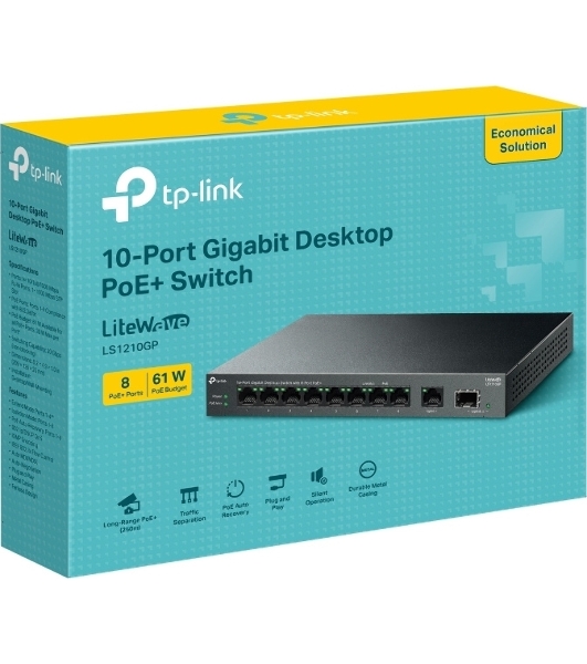Коммутатор настольный TP-Link LS1210GP с 9 гигабитными портами (8 портов PoE+) и портом SFP