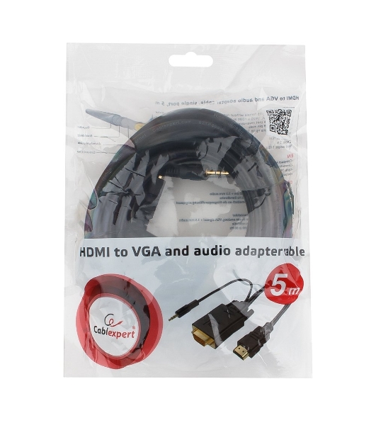Кабель HDMI->VGA Cablexpert A-HDMI-VGA-03-5M, 19M/15M + 3.5Jack, медь, позол.разъемы, 5м, черный, пакет