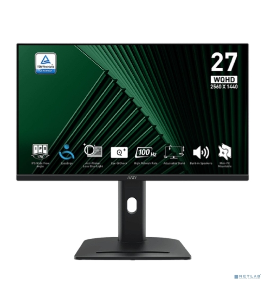 Монитор 27' MSI PRO MP275QPG IPS 2560x1440, 100 Гц, 4 мс, 16:9, 300 кд/м², 2xHDMI, 1xDP, 2x3 Вт, черный.