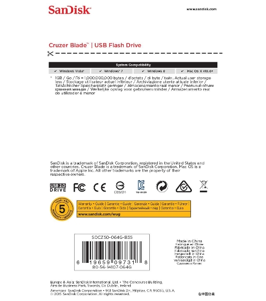 Флешка USB Sandisk CZ50 Cruzer Blade (SDCZ50-064G-B35), 64Gb, USB 2.0, R/W 15/4, черный/красный