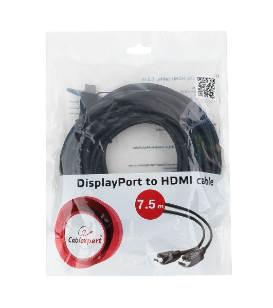 Кабель Cablexpert DisplayPort->HDMI, 7.5м, 20M/19M, черный, экран, пакет 
