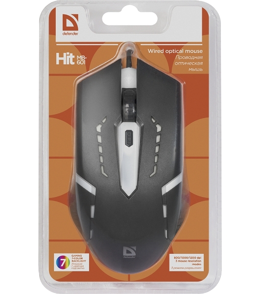 Мышь проводная Defender Hit MB-601 черный, 1200 dpi, USB, кнопки - 4