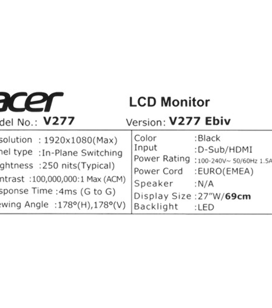 Монитор 27' Acer Vero V277Gbmix IPS 1920x1080, 120 Гц, 4 мс, 16:9, 250 кд/м², HDMI 1.4, VGA, 3.5 Jack, динамики (2x2 Вт), FreeSync, VESA 100x100, черный