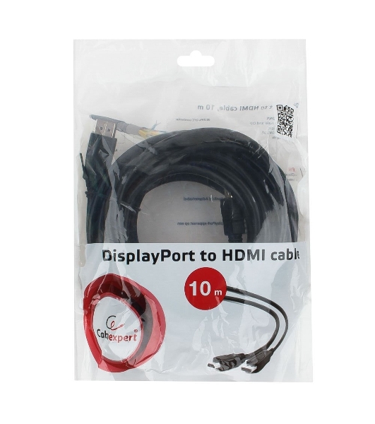 Кабель Cablexpert DisplayPort->HDMI, 10м, 20M/19M, черный, экран, пакет