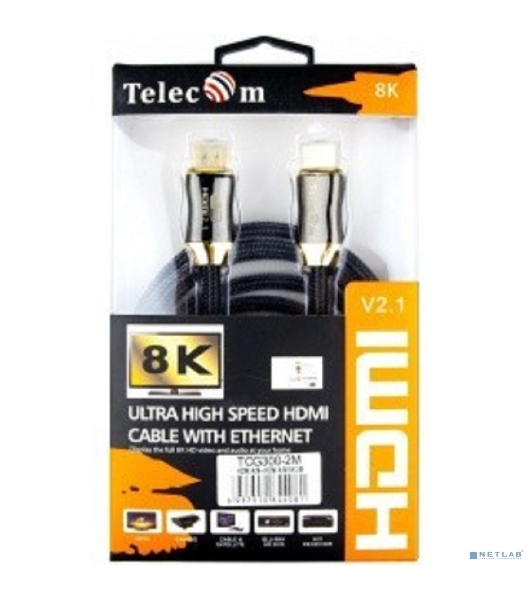 Кабель HDMI 19M/M,ver. 2.1, 8K@60 Hz 2m метал разъемы, нейлоновая оплетка Telecom TCG300-2M