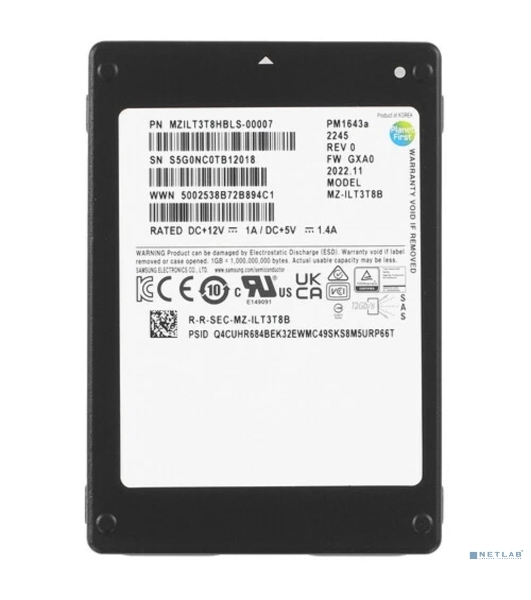 Накопитель SSD Samsung PM1643a, 3.84Tb, SAS 12Gb/s, 2.5', R/W 2100/2000