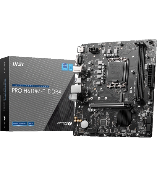 Материнская плата MSI PRO H610M-E DDR4, LGA 1700, Intel H610, 2xDDR4, 4xSATA, 1xM.2, 1xPCIe 4.0 x16, 1xPCIe 4.0 x1, 1xHDMI, 1xVGA, 1xRJ45 1Gb, 2xUSB-A 3.2 Gen 1, 4xUSB-A 2.0, 3x3.5мм, 7.1, mATX