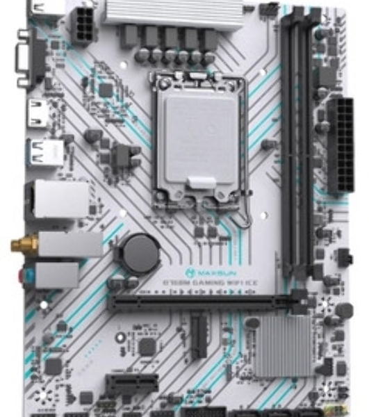 Материнская плата Maxsun B760M GAMING WIFI ICE, LGA 1700, Intel B760, 2xDDR4, 3xSATA, 1xM.2, 1xPCIe 4.0 x16, 1xPCIe x1, 1xVGA, 1xHDMI, 1x1Gb LAN, Wi-Fi 5, Bluetooth 4.2, 2xUSB-A 5Gbps, 4xUSB-A 2.0, 3x3.5 мм, 7.1, белый, mATX