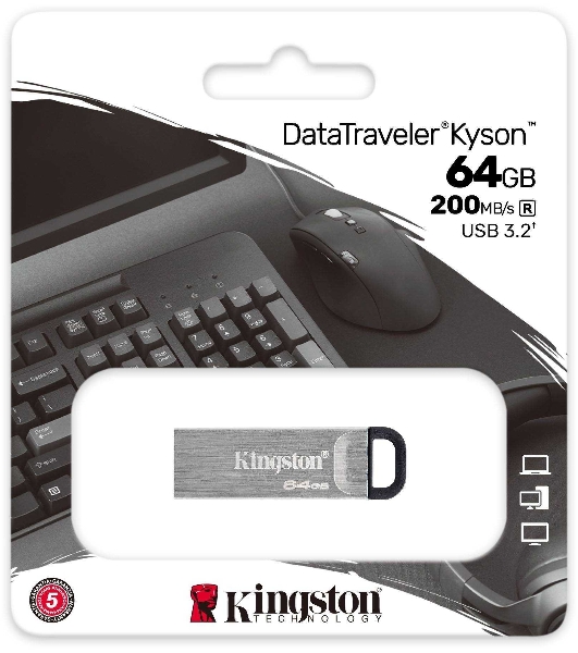 Флешка USB Kingston DataTraveler KYSON (DTKN/64GB), 64Gb, USB 3.2 Gen 1, R/W 200/60, серебристый/черный