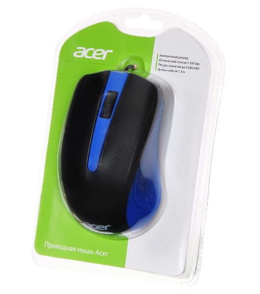 Мышь проводная Acer OMW011 черный/синий, 1200 dpi, USB, кнопки - 3