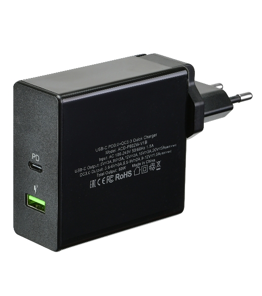 Сетевое зарядное устройство ACD-P602W-V1B 60Вт, 2xUSB 1PD+1QC, 3.6~20В/3А RTL