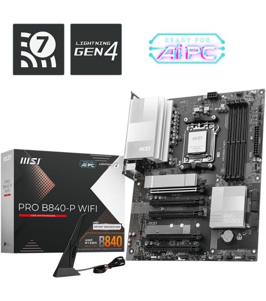 Материнская плата MSI PRO B840-P WIFI, Socket AM5, AMD B840, 4xDDR5, 4xSATA, 2xM.2, 1xPCI-E 4.0 x16, 1xPCI-E 3.0 x4, 3xPCI-E 3.0 x1, 1xHDMI, 1x 2.5Gb LAN, 4xUSB-A 2.0, 2xUSB-A 5Gbps, 1xUSB-C 5Gbps, 1xUSB-A 10Gbps, 1xUSB-C 10Gbps, 3x3.5 мм, 7.1, ATX