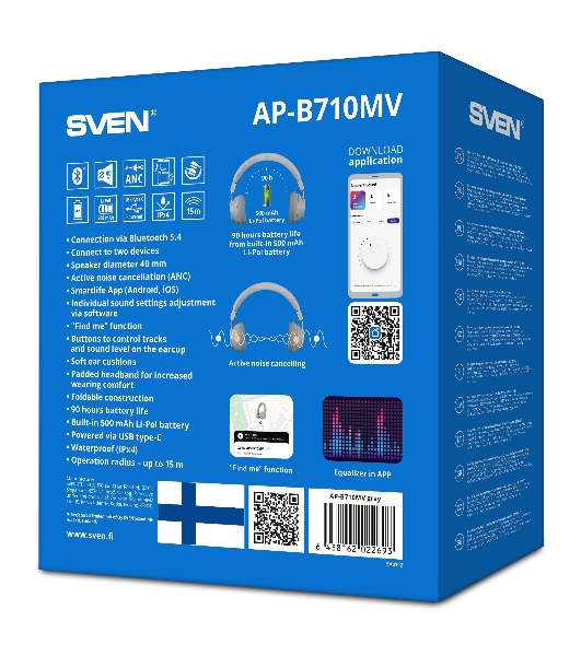 Беспроводные/проводные наушники Sven AP-B710MV серый, полноразмерные, Bluetooth + Jack 3.5 мм, складная конструкция, до 22 ч