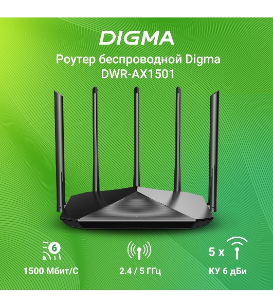 Роутер беспроводной Digma DWR-AX1501 AX1500 10/100/1000BASE-TX черный (упак.:1шт)