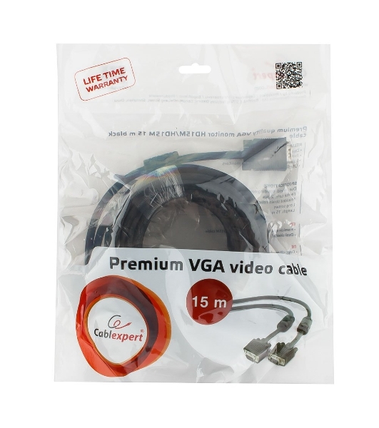 Кабель VGA Premium Cablexpert CC-PPVGA-15M-B, 15M/15M, 15м, черный, тройной экран, феррит.кольца, пакет