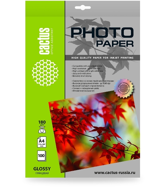 Фотобумага Cactus CS-GA4180100 A4/180г/м2/100л./белый глянцевое для струйной печати